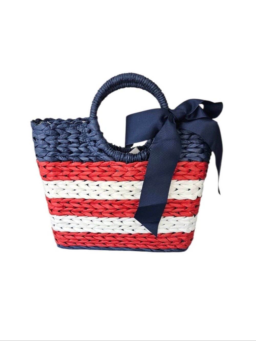 NWT Alessia Red, White & Blue Straw Tote with Bow